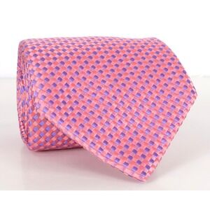 Thomas Pink Silk Neck Tie Pink Blue Basketweave Woven Check  Made in Morocco